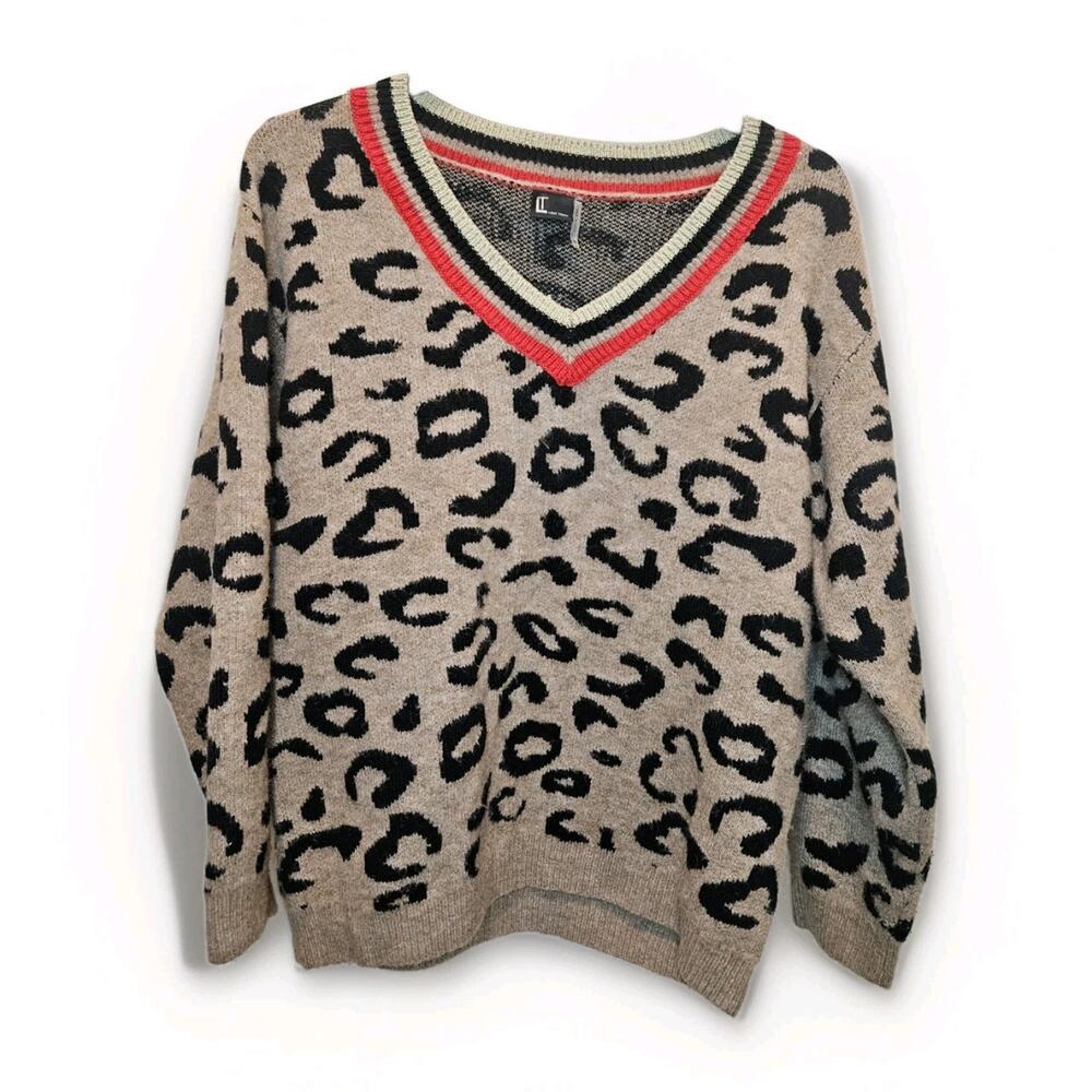 Love Token Leopard Mohair Wool V-neck long sleeve knit sweater sz M Medium Red